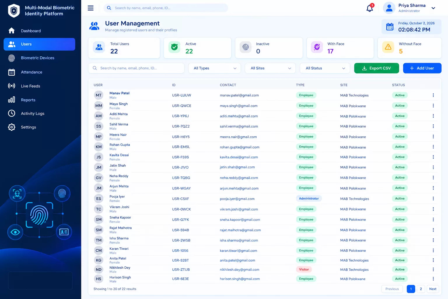 Biometric User Management Dashboard