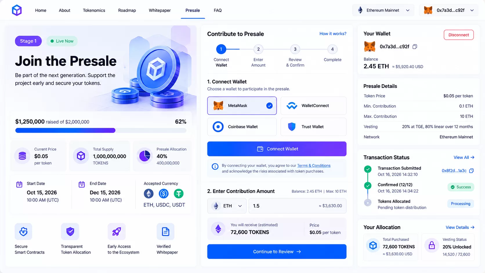 Presale Dashboard with Token Contribution Flow